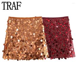 Skirts 2024 Red Sequin Skirt Woman Shiny High Waist Mini Women Glitter Short For Chic And Elegant