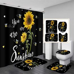 Shower Curtains Butterfly Sunflower Shower Curtain And Rug for Bathroom Set Rustic Wood Panel Hanging Curtains Bathroom Decor Bath Accessories