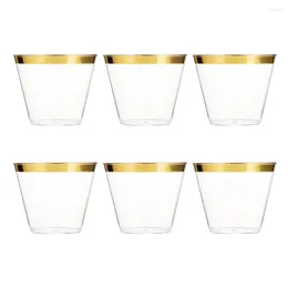 Cups Saucers 6pcs 9OZ Gold Rimmed Plastic Disposable Cocktail Glasses Tumblers For Wedding Birthday Parties Bridal Showers #h10