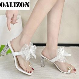Slippers 2024 Brand Summer Women Bow Beades High Heels Shoes Chunky Sandals Sexy Flip Flops Party Pumps Slingback Slides