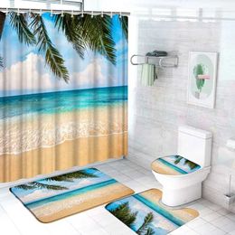 Shower Curtains Beach Ocean Landscape Shower Curtains Shell Natural Sea Scene Bathroom Curtain Flannel Anti Slip Bath Mats Set Bath Accessories