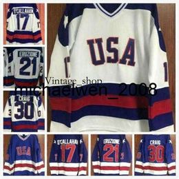 Vin Weng 1980 Team USA Miracle on Ice 17 Jack O'Callahan 21 Mike Eruzione 80 MIRACLE 30 Jim Craig 9 Neal Broten Blue White Ice Hockey Jersey Vintage