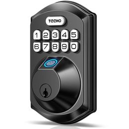 TEEHO TE002 Fingerprint Keyless Entry Electronic Keyboard Latch Front Smart Door with Code Automatic Lock Easy to Instal - Matte Black