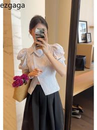 Women's Blouses Ezgaga Shirts Women Striped Chic Turn Down Collar Double Breasted Puff Sleeve Bandage Split Summer Elegant Blouse Ladies