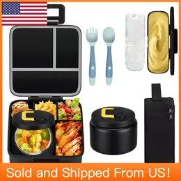 Dinnerware Kids Bento Lunch Box Set: 8oz Soup Thermo Leakproof Containers With 5 Compartments Jar And Insulated Bag Black