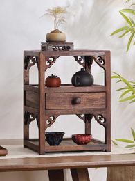 Tea Trays Three Layer Carving Chinese With Drawers 26x26x37cm Natural Teak Wood Storage Cabinet Shelf Saucer Pot Craft