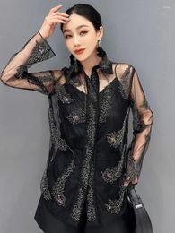 Women's Blouses QING MO Black 2024 Summer Heavy Iron Drill Mesh Women Shirt Turn-Down Collar Long Sleeve Sexy Fashion Blouse ZXY078