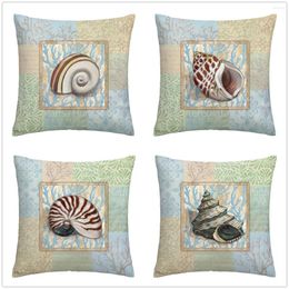 Pillow Multicolor Stitching Blue Coral Background Conch Linen Pillowcase Sofa Cover Home Decoration Can Be Customized For You