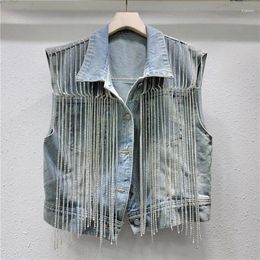 Women's Vests Women Diamonds Beaded Tassels Denim Vest Long Chains Fringed Sleeveless Jeans Jacket Turn-down Collar Waistcoat Summer Tank