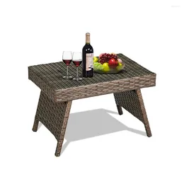 Camp Furniture Coffee Table Wicker End With Foldable Legs Side Accent Metal Frame For Patio Pool Garden Brown