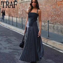 Casual Dresses Grey Corset Dress Woman Pleated Slip Long Women Sleeveless Backless Midi Y2k Streetwear Sexy Party