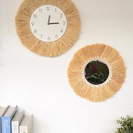 Decorative Figurines Raffia Wall Clock Nordic Shell Hair Ball Mirror Living Room Hanging Bedroom