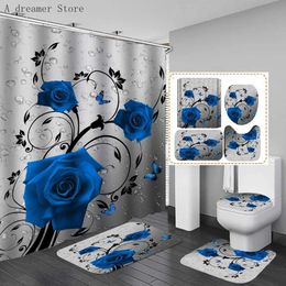 Shower Curtains Red Rose Shower Curtain Sets Flowers Valentines Day Bathroom Decor Curtains Non-Slip Rugs Bath Mat Toilet Lid Cover Carpet