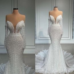 Heavy Pearls Illusion Mermaid Wedding Dresses For African Women 2022 Sheer Beads Bridal Gown With Long Train Vintage Long Sleeves Robe 313b