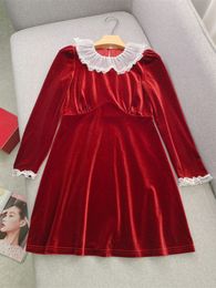 2024 Autumn Wine Red Contrast Colour Velvet Panelled Dress Long Sleeve Round Neck Short Casual Dresses W4A303988