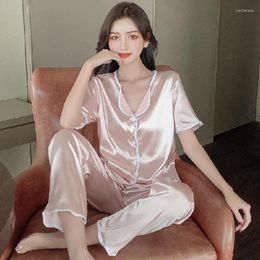 Women's Sleepwear Women Pyjamas Sets Faux Silk Satin Pyjama Bow Print Pijama Female Short Sleeve Lapel Shirt Pants Homewear Nightwear