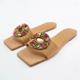 Slippers TRAF Women 2024 Summer Sandal Fashion Beach Flat Crystal Square-Toe Sandals Woman Shoes Luxury Plus Size 41