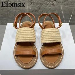 Sandals 2024 Summer Real Leather Grass Weaving One Strap Women Peep Toe Flat Heels Beach Gladiator