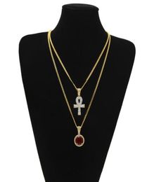 Egyptian large Ankh Key pendant necklaces Sets Round Ruby Sapphire with Rhinestones Charms cuban link Chains For mens Hip Hop Jewelry9674760