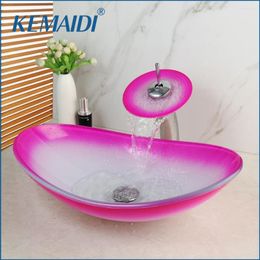 Bathroom Sink Faucets KEMAIDI Waterfall Basin Tap Washbasin Glass Lavatory Combine Set Pink Hand Made Bowl Faucet Chrome