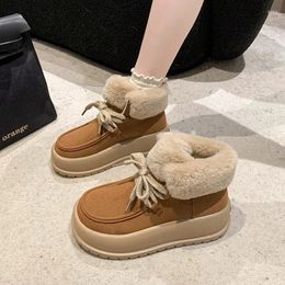 Boots 2024 Women's Fashion Solid Color Snow Cotton Shoes Korean Style Non-Slip Warm Lace Up For Women