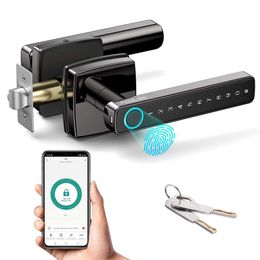 Apploki Fingerprint Keyless Entry Bluetooth, Touch Screen Keyboard Door Latch Lock with Reversible Handle, Application Control, Key, Code, Biometric Smart Lock,