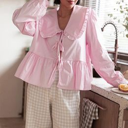 Women's Blouses Long Sleeve Kawaii Cute Peplum Shirts Solid Color Doll Collar Three Bowknot Tie-Up Open Front Summer Casual Tops