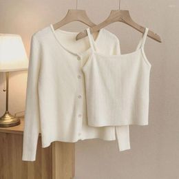 Women's Knits 2-piece Clothing Set Spring And Autumn Coat Korean Fashion Cardigans Cropped Sweaters Long Sleeve Top Sweater Vest