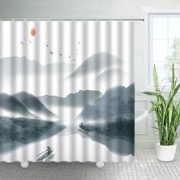 Shower Curtains Ink Landscape Watercolor Mountain Water Forest Chinese Style Abstract Art Polyester Fabric Bathroom Decor Hooks