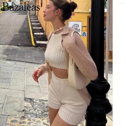 Work Dresses 2024 Bazaleas Store Women Knitted Two Piece Set Tracksuit Solid Colour Elastic Crop Skinny Women's Clothing Official