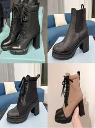 Designer Plaque Boots Lace Up platform Ankle Boot Women Nylon Black Leather Combat Boots High Heel Winter Boot 75cm 95cm With Bo2232280