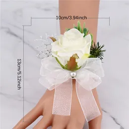 Decorative Flowers Wedding Boutonniere Rose Pearl Breast Flower Wrist Bracelet For Bridesmaid Corsage Sisters
