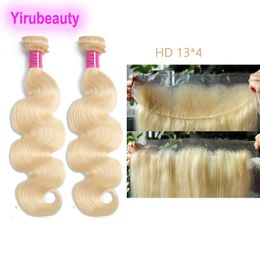 Brazilian Human Hair 2 Bundles With HD 13X4 Lace Frontal Straight Body Wave Blonde 613# Colour 10-30inch 3 PCS/lot