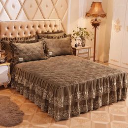 Bedding Sets 3/5-Pieces Luxury Brown Blue Ruffel Lace Plush Bedskirt Warm Set Bed Cover Bedspread Pillow Shams