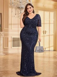 Party Dresses Lucyinlove Plus Size Elegant Vneck Sequins Evening Dress For Women Short Sleeves Mermaid Formal Luxury Prom