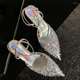 Sandals Silver Bling Crystal Chrysanthemum Strappy Cutout Pointed Toe Kitten Heels Ankle Double Straps Woman Wedding Shoes