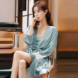 Women's Sleepwear 2Pcs/Set Smooth Couple Pajamas Short Sleeves Home Wearing Breathable Camisole Dress Sexy Nightgown Set