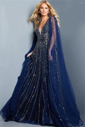 Party Dresses Navy Blue Shawl Long Sleeve Evening Gowns Luxury Beaded V Neck A Line Women's Wedding Formal Occasion Gown