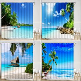Shower Curtains Beach Curtain Ocean Waves Nature Scenery Tropical Palm Tree Summer Polyester Fabric Bathroom Decor Washable