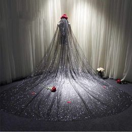New Sparkly Bling Bling Black Wedding Veils 3m Glitters Sequins Chapel Train Wedding Prom Wraps Accessories 263L