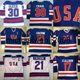 Vin Weng 1980 Miracle On Ice Hockey Jersey #17 Jack O'Callahan #21 Mike Eruzione #30 Jim Craig Men's 100% Stitched Team USA Hockey Jerseys Blue