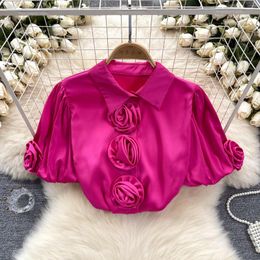 Women's Blouses Retro Short Sleeve Turn-down Collar Three-dimensional Flower Blouse Slim Shirt Women Streetwear Pleated Fashion Satin Crop
