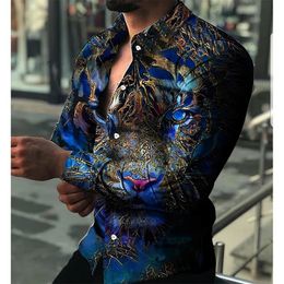Fashion Luxury Mens Polo Neck Button Down Shirt Long sleeved Top Animal Head Print Large Cool Street Party Dress 3XL 240425