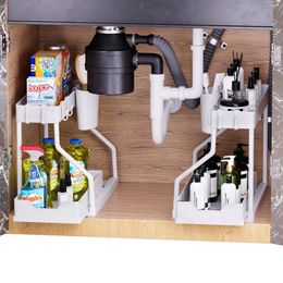Kitchen Storage 2-Tier Under Sink Organiser L-Shape Sliding Organisers And Counter Pull Out Rack