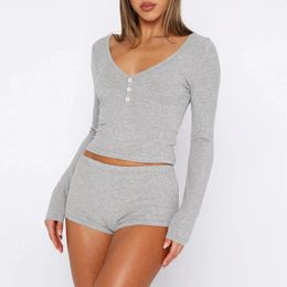 Home Clothing Women V-Neck Sleepshirt Shorts Suit Slim Fit Casual Sleep Shirt Set Solid Colour Lightweight Beach Tracksuits