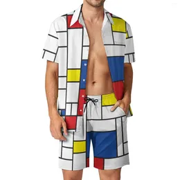 Men's Tracksuits Retro Plaid Men Sets Geometric De Stijl Modern Art Casual Shirt Set Hawaii Vacation Shorts Summer Design Suit Clothing Big