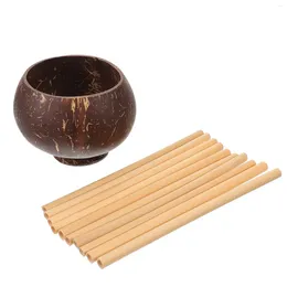 Dinnerware Sets Coconut Shell Cup Coconuts Salad Bowl Multi-function Kitchen Unique Pattern Snack Storage Festival Bamboo Straw For