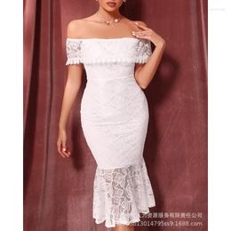 Casual Dresses Women Sexy High Waist Bodycon Wepbel White Lace Off-Shoulder Dress Slash Collar Strapless Solid Colour Sheath Midi