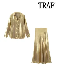 Work Dresses 2024 Woman 2 Pieces Sets Fashion Metal Textured Shirt Tops Midi Long Skirts Spring Autumn Casual Elegant Slim
