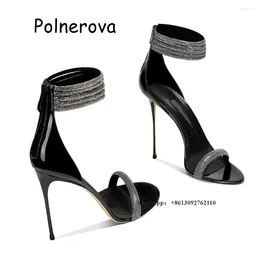 Sandals Rhinestone One Word Belt Thin High Heels Women's Shoes Back Zipper Summer Casual Elegant Ladies Fashion Luxury